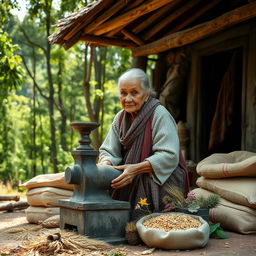 An elderly rural woman grinding wheat in front of her house on the edge of a forest