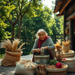 An elderly rural woman grinding wheat in front of her house on the edge of a forest