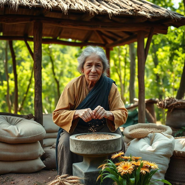 An elderly rural woman grinding wheat in front of her house on the edge of a forest