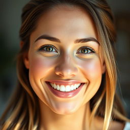 A close-up portrait of a woman with a warm, genuine smile, her eyes sparkling with happiness