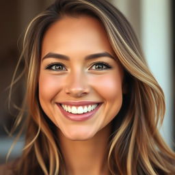 A close-up portrait of a woman with a warm, genuine smile, her eyes sparkling with happiness