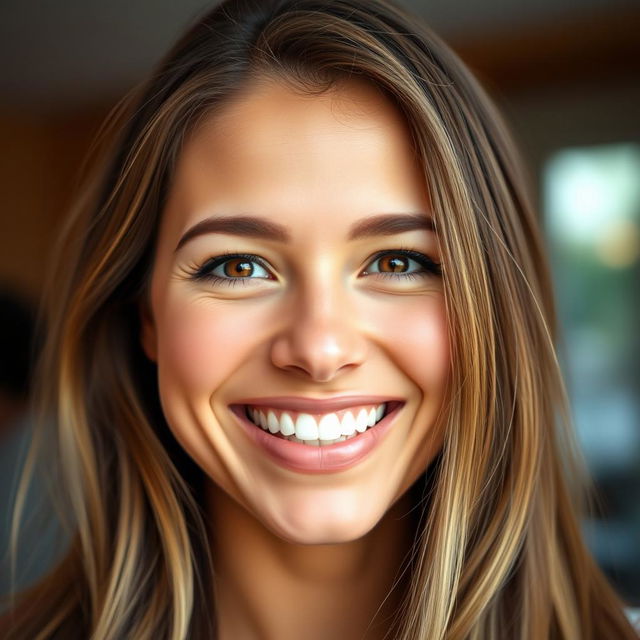 A close-up portrait of a woman with a warm, genuine smile, her eyes sparkling with happiness