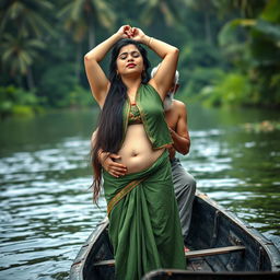 A realistic photograph depicting a pale-skinned girl standing in a small canoe with an elderly Indian man