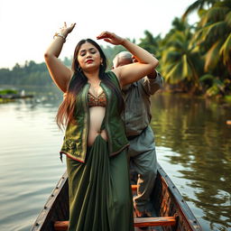 A realistic photograph depicting a pale-skinned girl standing in a small canoe with an elderly Indian man