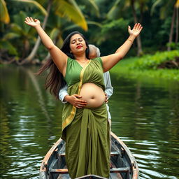 A realistic photograph depicting a pale-skinned girl standing in a small canoe with an elderly Indian man