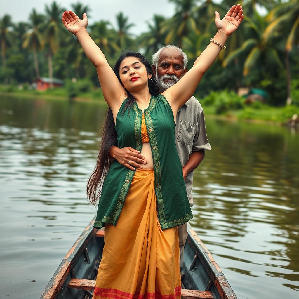 A realistic photograph depicting a pale-skinned girl standing in a small canoe with an elderly Indian man