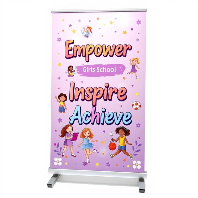 A vibrant and colorful standee designed for a girls' school, featuring a beautiful purple theme