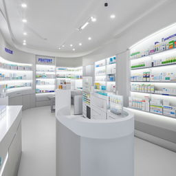 Design a clean, modern, and welcoming pharmacy with white shelves and counters, bright lighting, and health-related displays. Space should showcase a counter for prescription pharmaceuticals, over-the-counter products area, and a small consultation area.