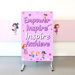 A vibrant and colorful standee designed for a girls' school, featuring a beautiful purple theme