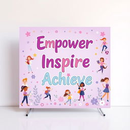 A vibrant and colorful standee designed for a girls' school, featuring a beautiful purple theme