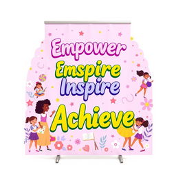 A vibrant and colorful standee designed for a girls' school, featuring a beautiful purple theme