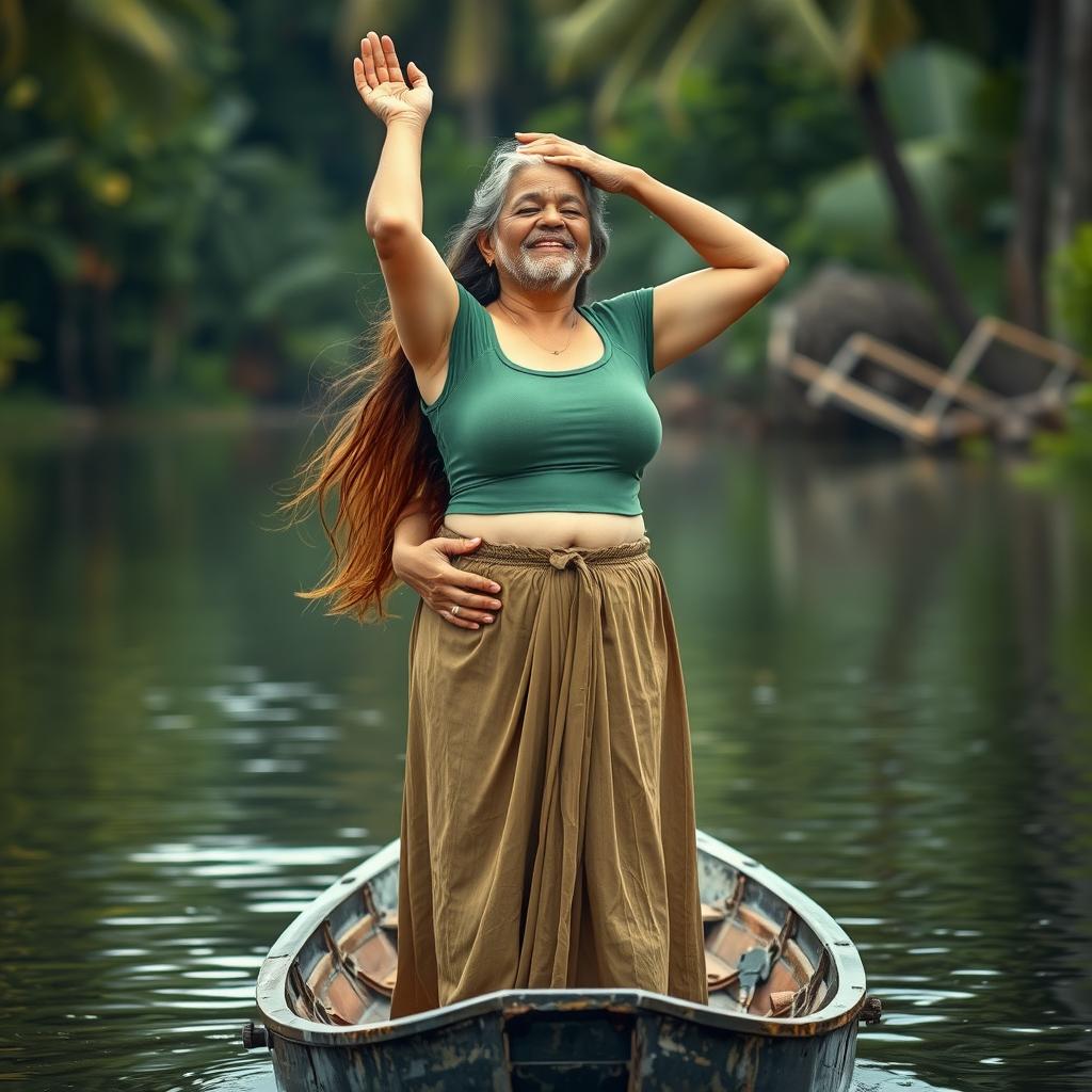A realistic photograph featuring a pale-skinned girl standing in a small canoe with an elderly Indian man