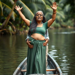 A realistic photograph featuring a pale-skinned girl standing in a small canoe with an elderly Indian man