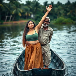 A realistic photograph featuring a pale-skinned girl standing in a small canoe with an elderly Indian man
