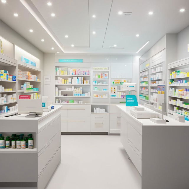 Design a clean, modern, and welcoming pharmacy with white shelves and counters, bright lighting, and health-related displays. Space should showcase a counter for prescription pharmaceuticals, over-the-counter products area, and a small consultation area.