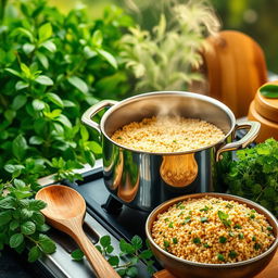 A beautifully arranged scene depicting the cooking process of quinoa, with quinoa grains in a pot on the stove, steam rising from the pot