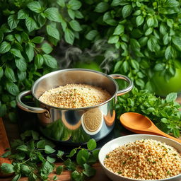 A beautifully arranged scene depicting the cooking process of quinoa, with quinoa grains in a pot on the stove, steam rising from the pot