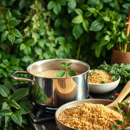 A beautifully arranged scene depicting the cooking process of quinoa, with quinoa grains in a pot on the stove, steam rising from the pot