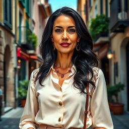 A 38-year-old woman with dark hair and distinct Italian features, fully dressed in an elegant and fashionable outfit