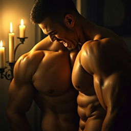 A dynamic and intimate scene depicting a confident, athletic man passionately engaged in oral pleasure, emphasizing the curves of his physique and the soft glow of candlelight around him