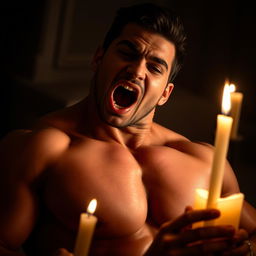 A dynamic and intimate scene depicting a confident, athletic man passionately engaged in oral pleasure, emphasizing the curves of his physique and the soft glow of candlelight around him