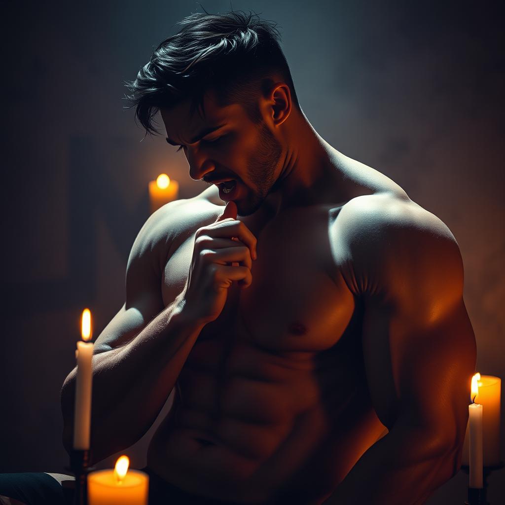 A dynamic and intimate scene depicting a confident, athletic man passionately engaged in oral pleasure, emphasizing the curves of his physique and the soft glow of candlelight around him