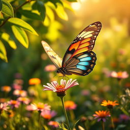 A stunningly realistic butterfly perched delicately on a vibrant flower in its natural habitat, surrounded by lush greenery and soft golden sunlight filtering through the leaves