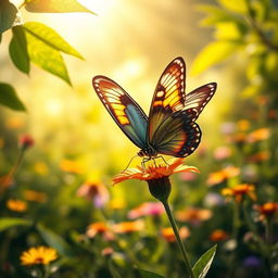 A stunningly realistic butterfly perched delicately on a vibrant flower in its natural habitat, surrounded by lush greenery and soft golden sunlight filtering through the leaves