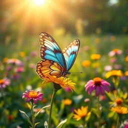A stunningly realistic butterfly perched delicately on a vibrant flower in its natural habitat, surrounded by lush greenery and soft golden sunlight filtering through the leaves
