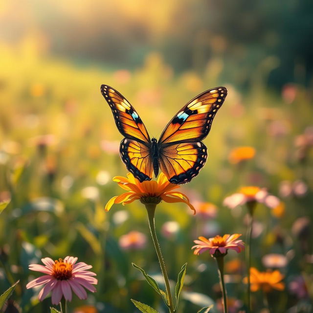 A stunningly realistic butterfly perched delicately on a vibrant flower in its natural habitat, surrounded by lush greenery and soft golden sunlight filtering through the leaves