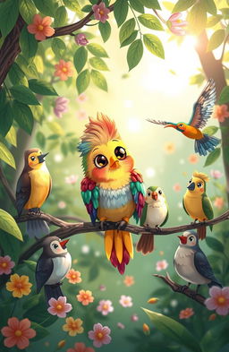 A whimsical illustration of Kikie, a colorful rainbow bird with vibrant feathers of all shades, perched on a branch in a lush green forest