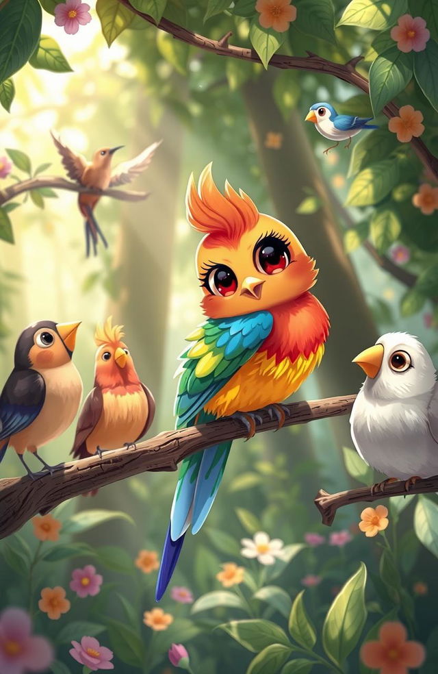 A whimsical illustration of Kikie, a colorful rainbow bird with vibrant feathers of all shades, perched on a branch in a lush green forest