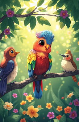 A whimsical illustration of Kikie, a colorful rainbow bird with vibrant feathers of all shades, perched on a branch in a lush green forest