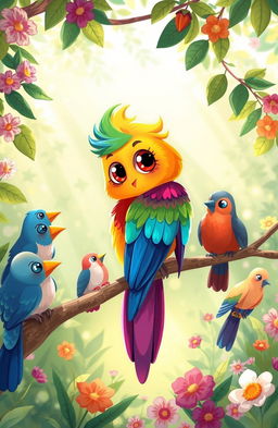 A whimsical illustration of Kikie, a colorful rainbow bird with vibrant feathers of all shades, perched on a branch in a lush green forest