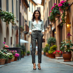 A 38-year-old woman with dark hair and distinct Italian features, fully dressed in a fashionable outfit