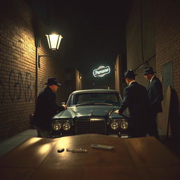 A dramatic scene set in a dimly lit urban environment, depicting a mafia meeting near a classic car parked under a streetlight