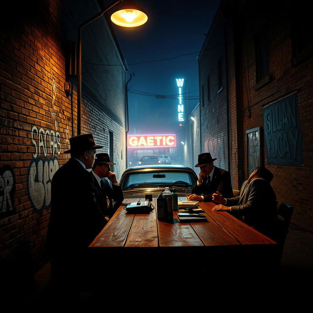 A dramatic scene set in a dimly lit urban environment, depicting a mafia meeting near a classic car parked under a streetlight