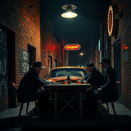 A dramatic scene set in a dimly lit urban environment, depicting a mafia meeting near a classic car parked under a streetlight