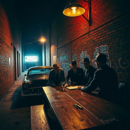 A dramatic scene set in a dimly lit urban environment, depicting a mafia meeting near a classic car parked under a streetlight