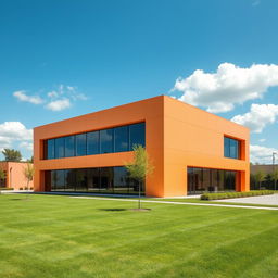 A sleek, modern building designed with minimalistic architecture featuring a light orange exterior