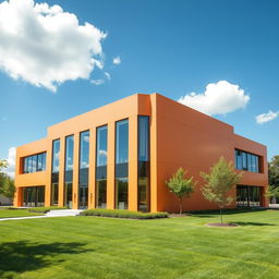 A sleek, modern building designed with minimalistic architecture featuring a light orange exterior