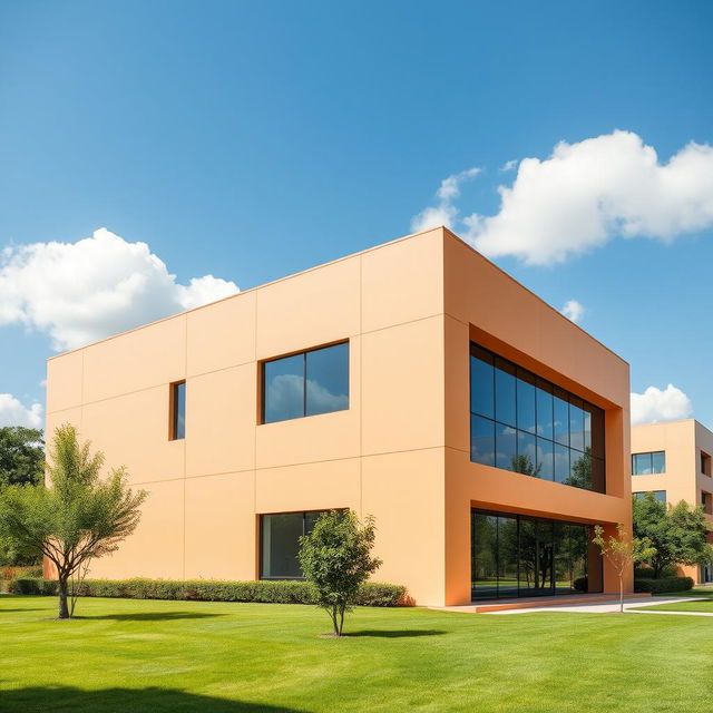 A sleek, modern building designed with minimalistic architecture featuring a light orange exterior