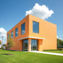A sleek, modern building designed with minimalistic architecture featuring a light orange exterior