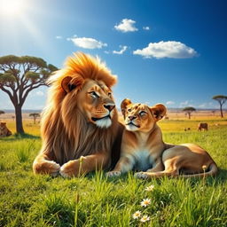 A majestic scene featuring a powerful lion and a graceful lioness resting together in the sun-drenched savanna
