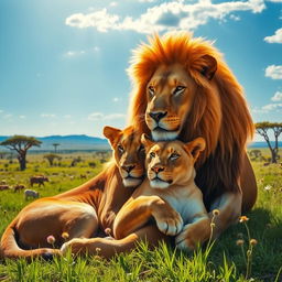 A majestic scene featuring a powerful lion and a graceful lioness resting together in the sun-drenched savanna