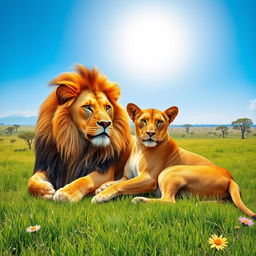 A majestic scene featuring a powerful lion and a graceful lioness resting together in the sun-drenched savanna