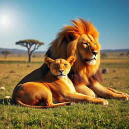 A majestic scene featuring a powerful lion and a graceful lioness resting together in the sun-drenched savanna