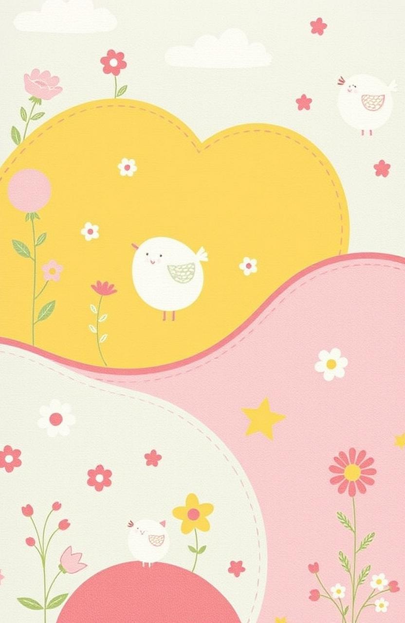 A charming and whimsical design featuring pastel colors, incorporating playful patterns and elements that flow and connect seamlessly throughout the composition