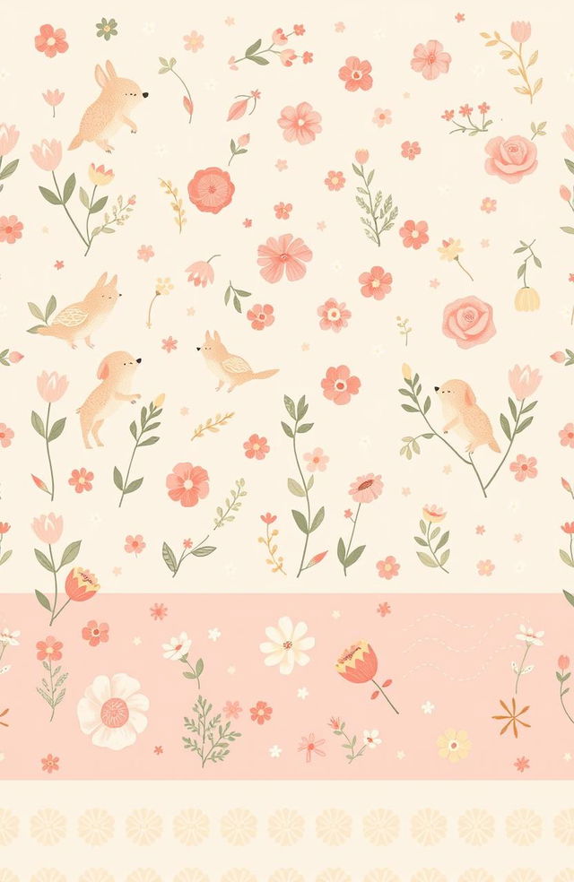 A charming and whimsical design featuring pastel colors, incorporating playful patterns and elements that flow and connect seamlessly throughout the composition