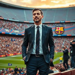 Amir Ali Yeganeh, a charismatic and visionary football manager, stands confidently on the sidelines of the Camp Nou, wearing a sleek Barcelona coaching suit